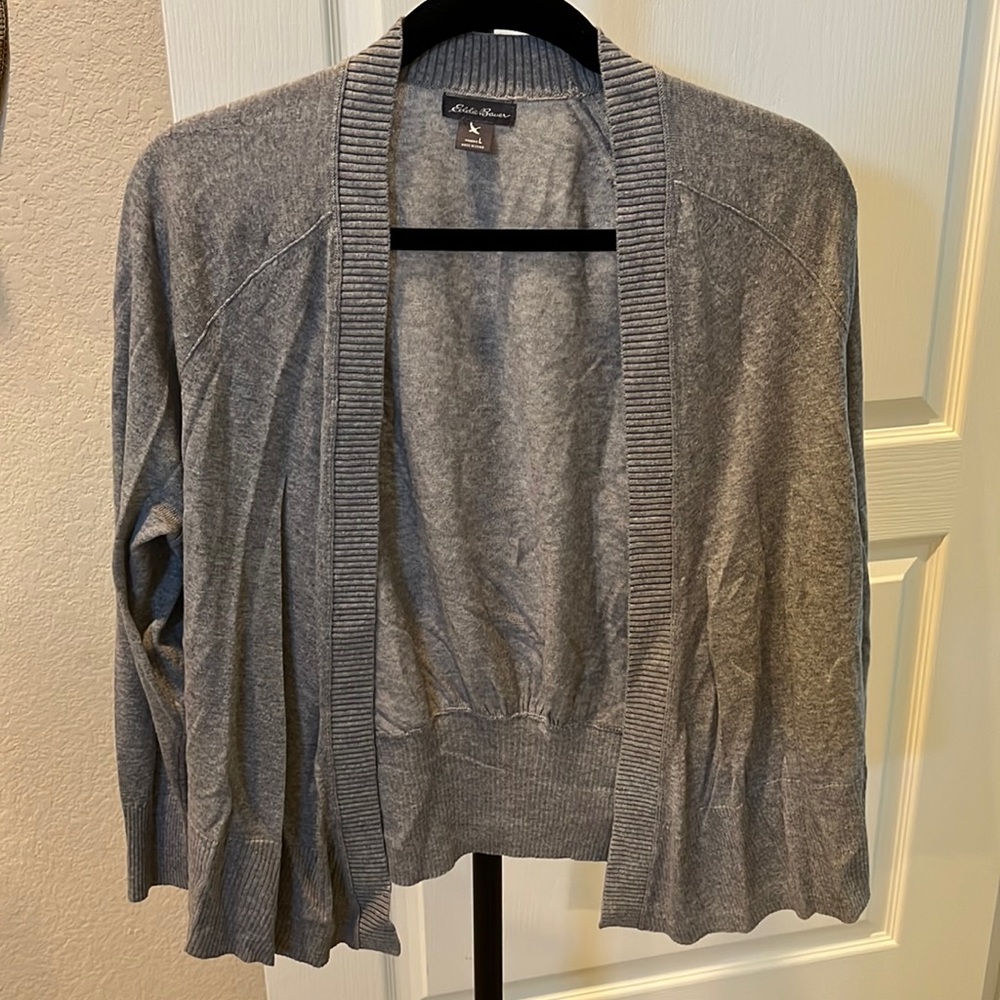 Eddie Bauer Light Gray Open Front Shrug Cardigan Sweater Women’s Large Knit